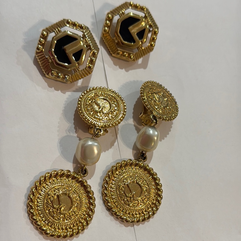 St John  Clips On Gold and Black Earrings